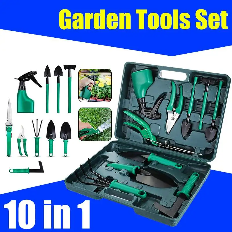 

10pcs Garden Tool Set Shovel Rake Clippers Household Multifunctional Kit Garden Planting Plastic Case Packing with Tool Case