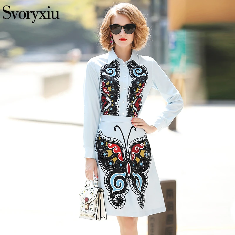 

Svoryxiu 2019 Elegant Runway Two Piece Set Women's Long Sleeve Butterfly Print Blouse + A Line Half Skirt Female Clothes Set