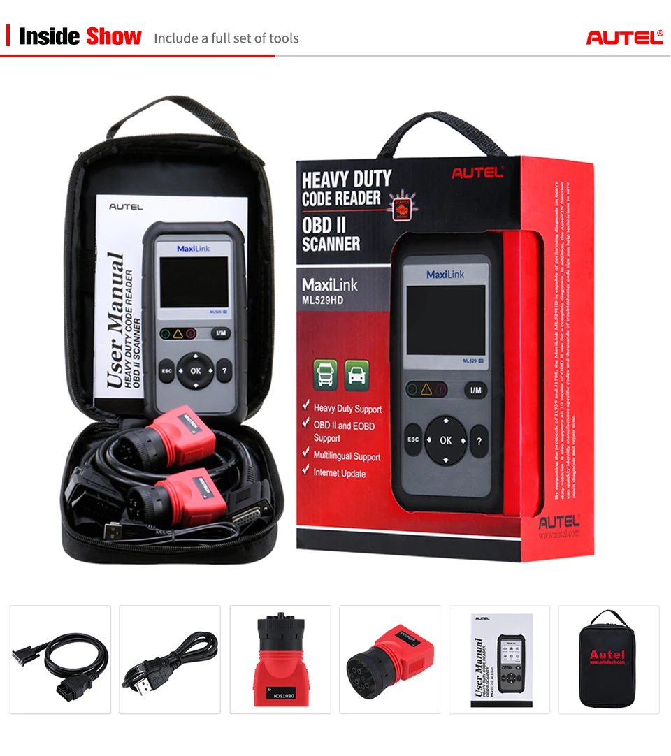 AUTEL MaxiLink ML529HD грузовики OBD2 сканер тяжелый светильник считыватель кодов компьютера грузовых автомобилей сверхмощный диагностический инструмент грузовики сканер Диагностика