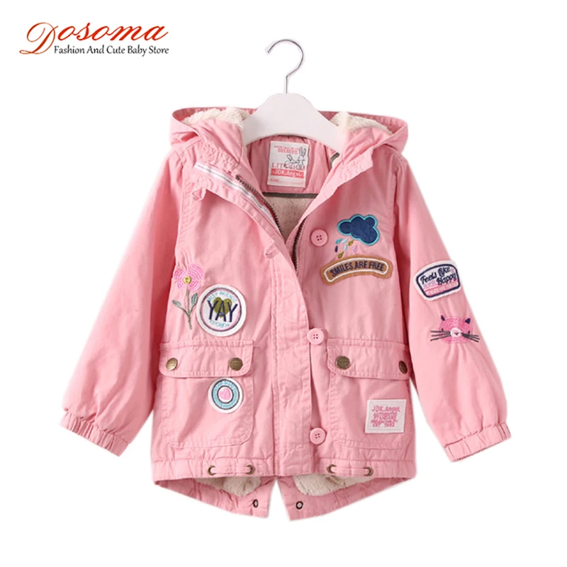 

Dosoma Jacket For Girls Autumn Winter Embroidery Flower Cartoon Smile Children's Hooded Coats Lamb Velvet Kids Padded Jacket