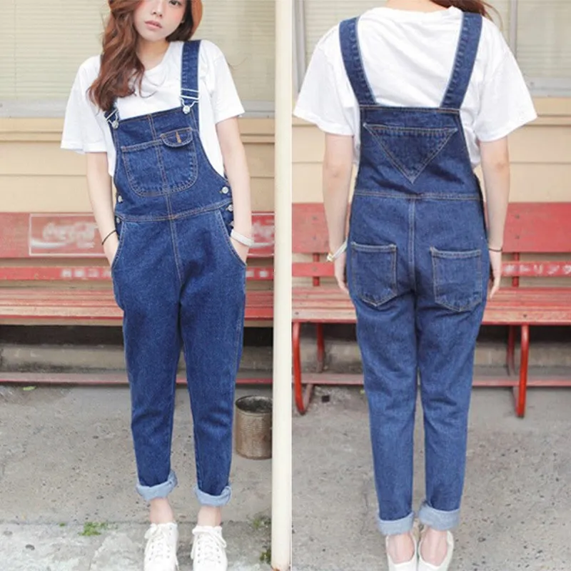 

2019 Spring Women Solid Denim Jumpsuit New Pocket Casual Long Rompers Fashion Button Loose Overalls Loose Denim Strap Pants