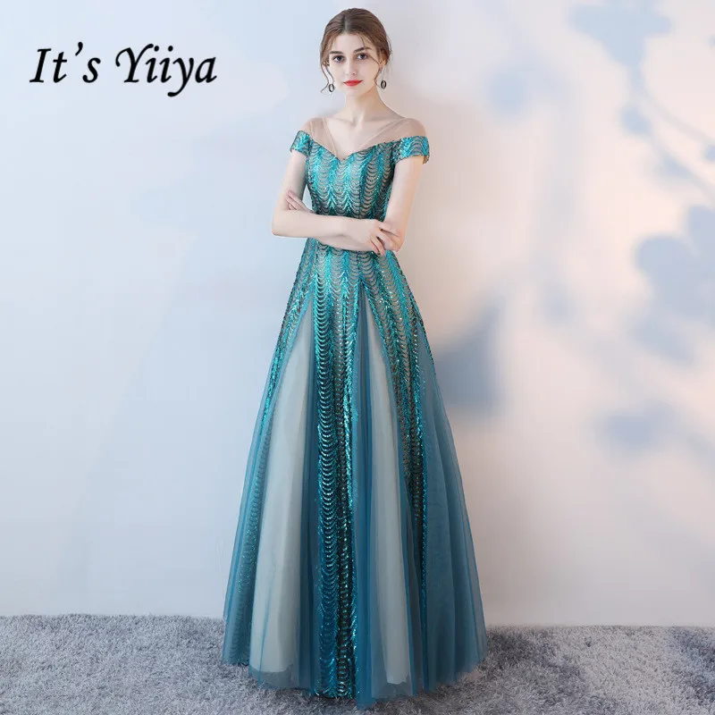 

It's YiiYa V-Neck Short Sleeve Backless Bling Sequined Lace Up Dinner Party Formal Dress Floor Length Evening Dress LX427