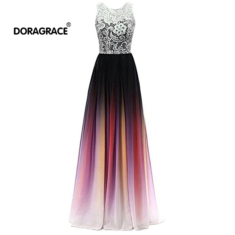 

Doragrace robe de soiree A-Line Floor-Length Long Lace Chiffon Long Evening Dresses Gradient Evening Gowns