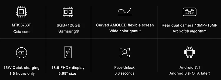 ELEPHONE U 6GB RAM 128GB ROM Helio P23 MTK6763 2.0GHz Octa Core 5.99 Inch Corning Gorilla Glass 5 AMOLED 3D Curved FHD+ Screen Dual Camera Android 7.1 4G LTE Smartphone