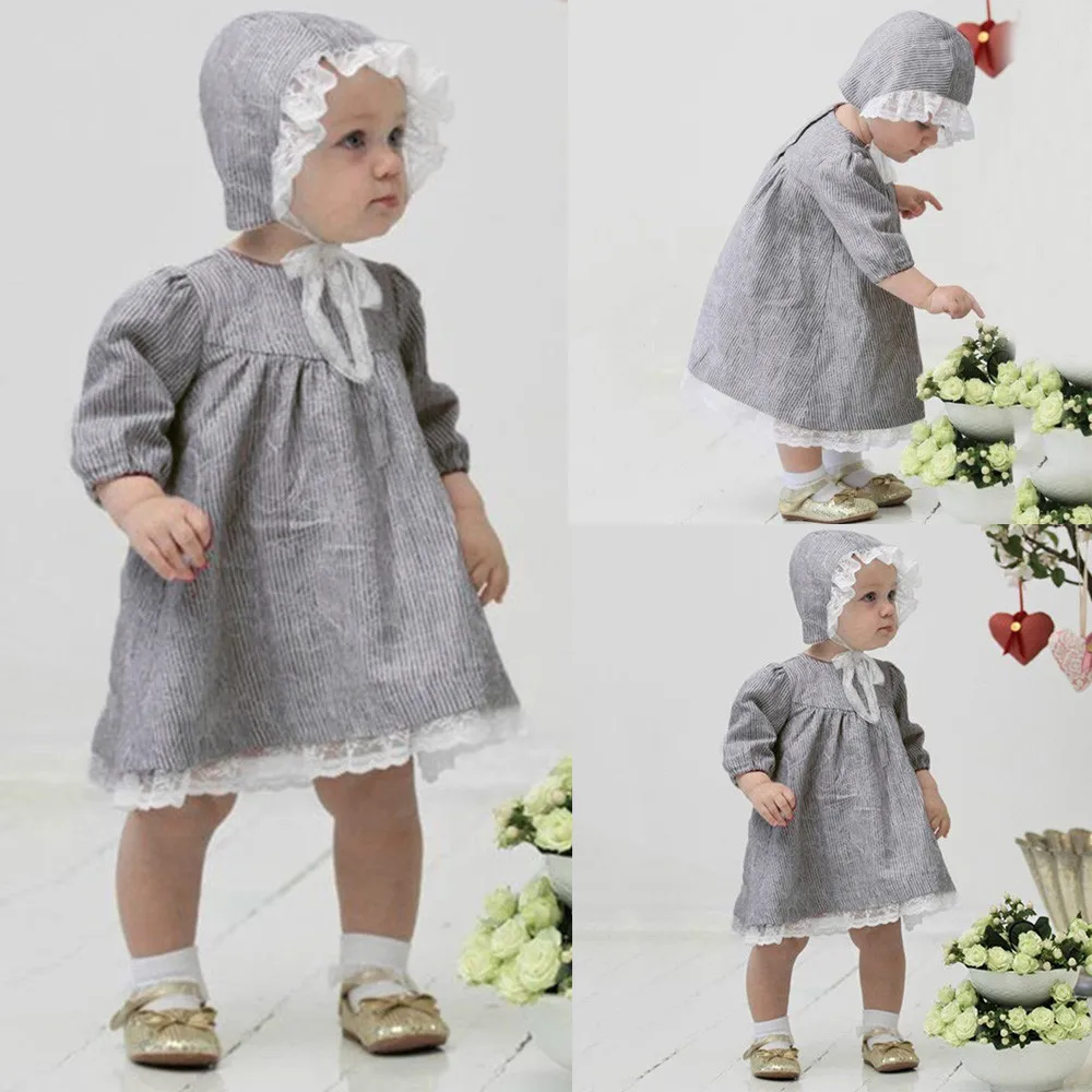 

MUQGEW Newborn Infant Baby Dress Kids Girls Clothes Set Long Sleeve Striped Lace Dress+Hat 2Pcs Girl Autumn Outfit Clothing Set