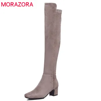 

MORAZORA 2020 top quality suede leather long boots women simple zipper solid color sexy over the knee boots square high heels