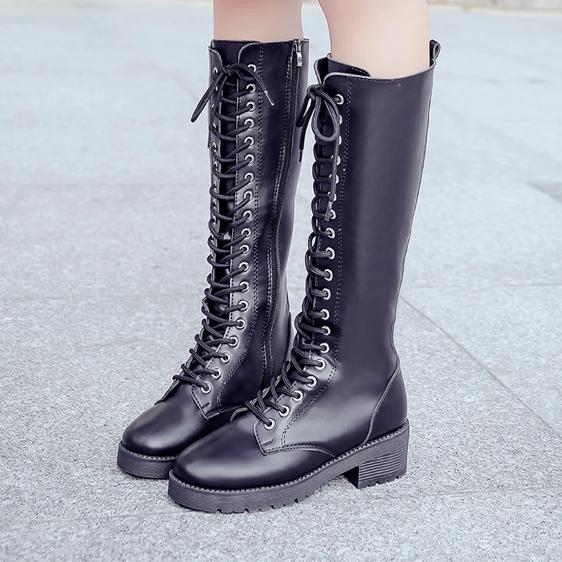 

New Fashion Winter Warm Women Knee-High Boots Zip Cross-tied Round Toe 4CM Low Hoof Heels Female Shoes Winter Women Snow Boots