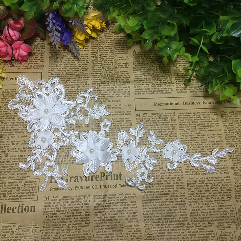 1 Pair Beaded Lace Applique White Flower Patches For Wedding Dress