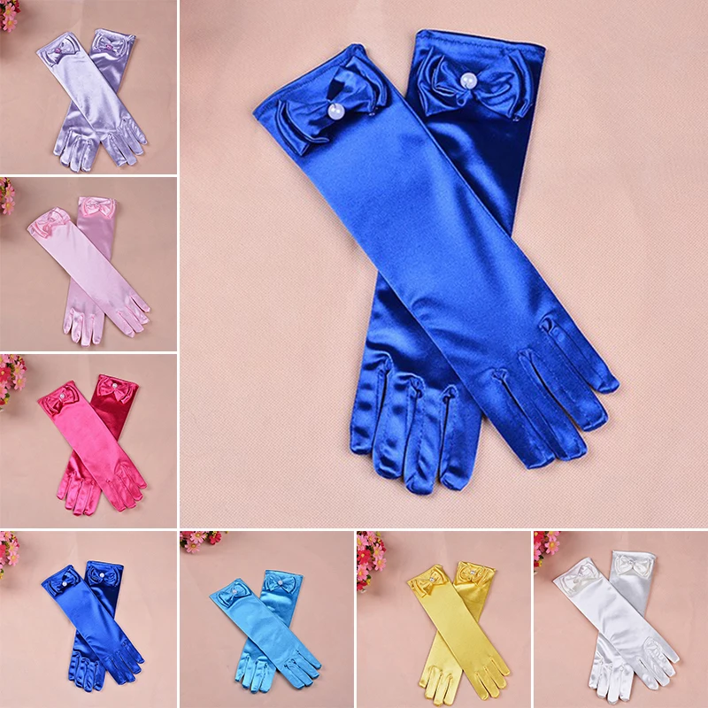 Long Satin Gloves Kids Girls Satin Bow Sleeves Gloves Party Wedding Performance