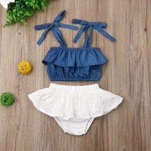 Одежда для новорожденных девочек; однотонные джинсовые укороченные топы на бретелях; кружевные укороченные штаны с оборками; комплект из 2 предметов; летняя одежда