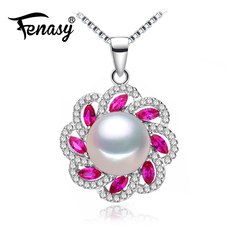 

FENASY Pearl Jewelry ruby Necklace 925 sterling silver pendant new natural stone flower pendant necklaces for women