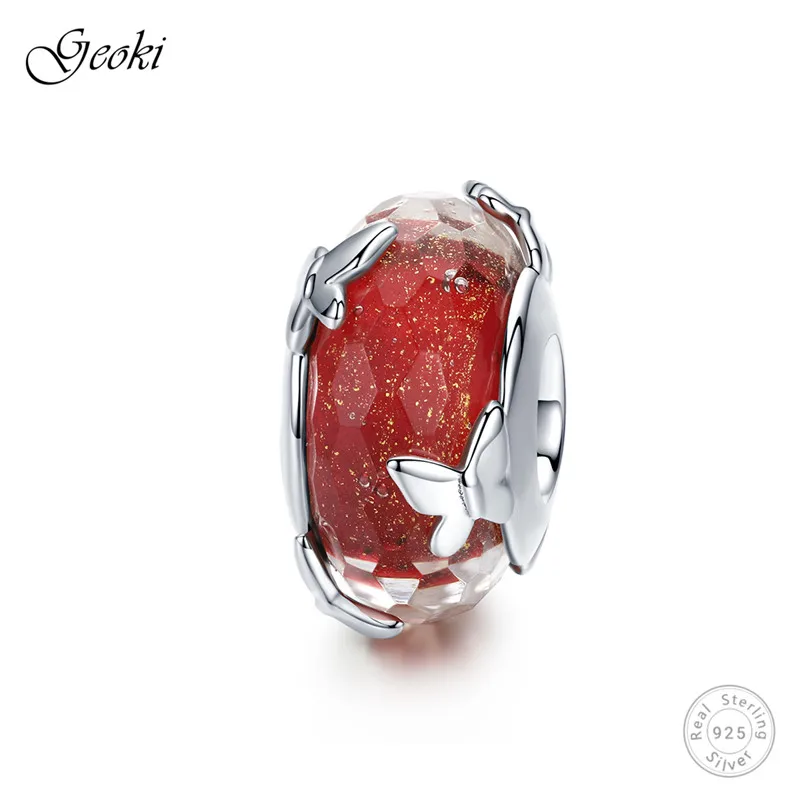 

Geoki 925 Sterling Silver Little Butterfly Red Murano Glass Beads fit Original Pandora Bracelet Insect Engraved Charms for DIY