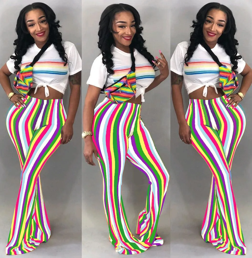 Hot Sale 2018 Fashion Stretch Ladies Bell Bottom Pants Women Trousers Skinny Rainbow Striped Printed Flare Pants Pants