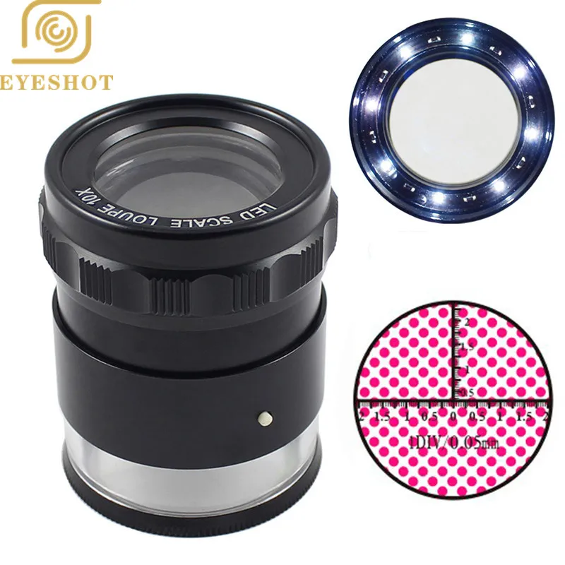

10X Metal LED Illuminated Focus Adjustable Cylindrical Loupe Measuring Magnifier Achromatic Lens with Scale Graticule and Lamps