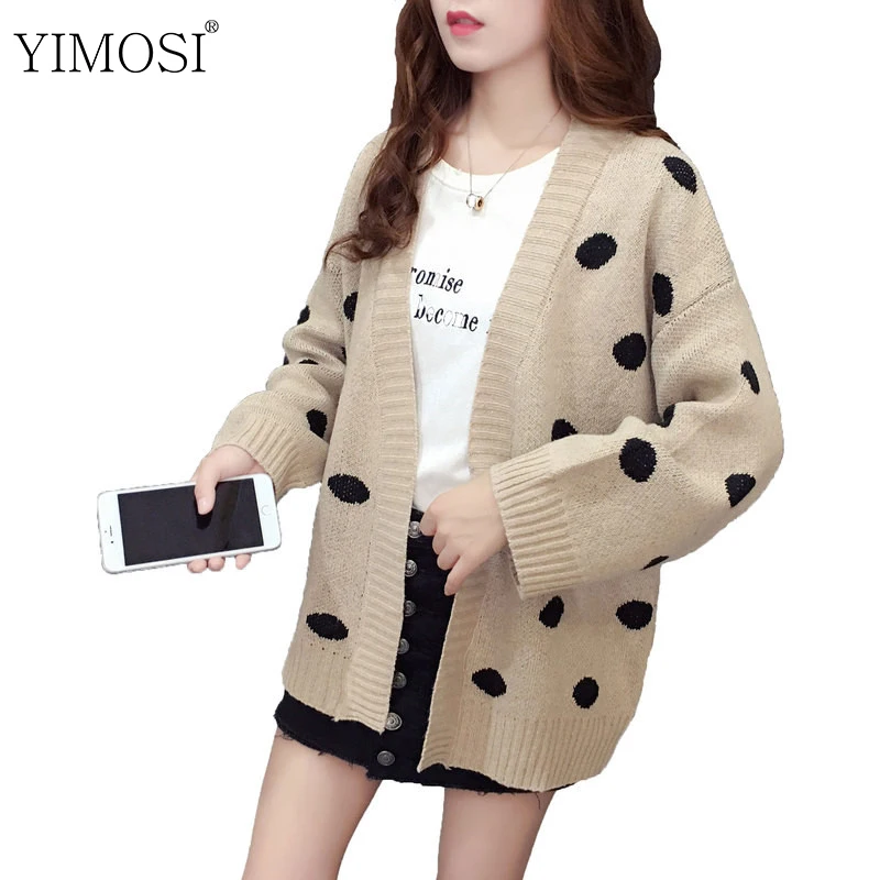 

Autumn Winter Women Knitted Cardigan Sweaters 2019 Casual Long Sleeve Dot Printed Sweater Coat Female Vintage Loose Jumper Tops