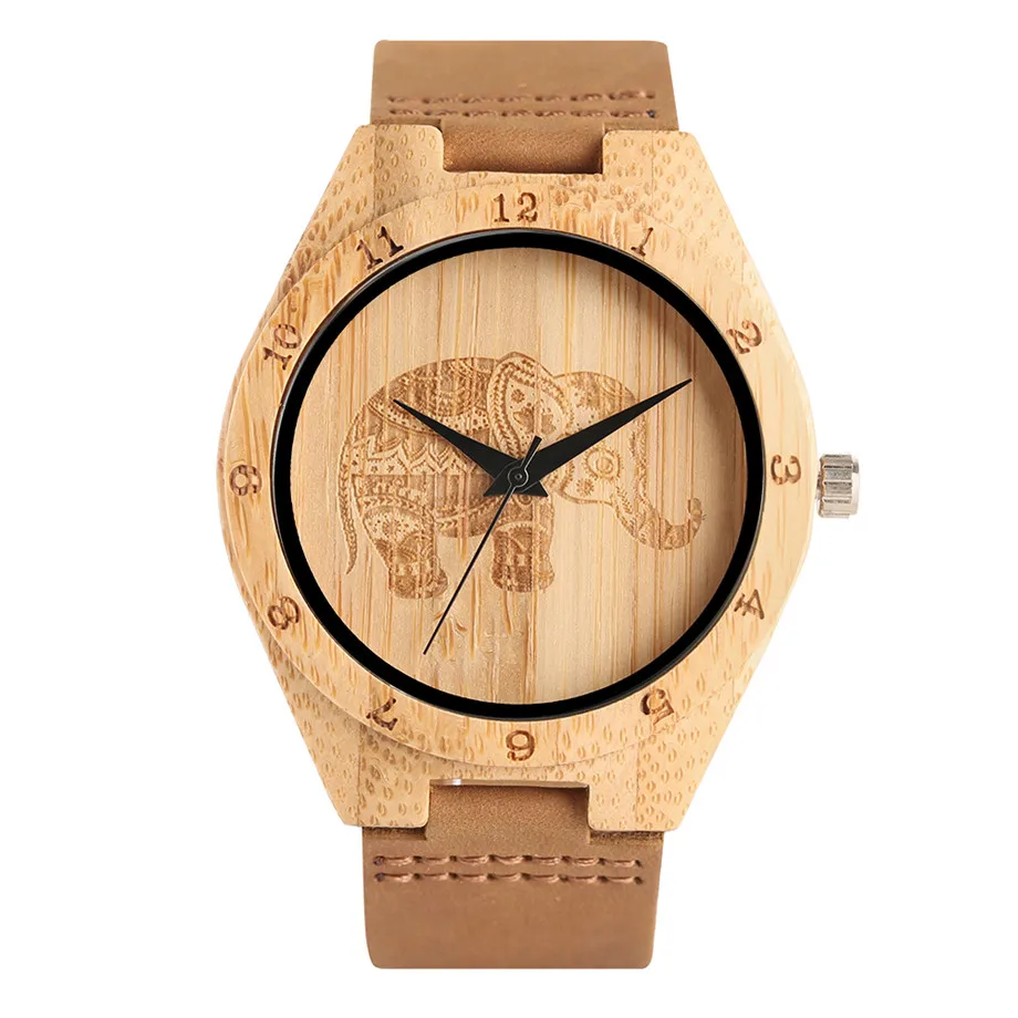 

Women's Novel Cute Hand-made Elephant Quartz Wooden Watch Genuine Leather Watchband Unique Design Bamboo Wood Watches