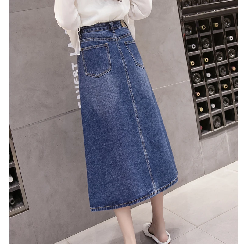 Женская синяя джинсовая юбка миди трапециевидная Джинсовая юбка на молнии с карманами с высокой талией длинные джинсовые юбки для женщин