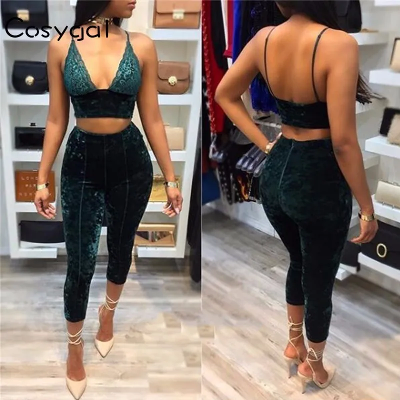 

COSYGAL Sexy Spaghetti Strap Jumpsuit Two Piece 2017 Casual Lace Women Palysuit Rompers Sleeveless Club Party Bodycon Overalls