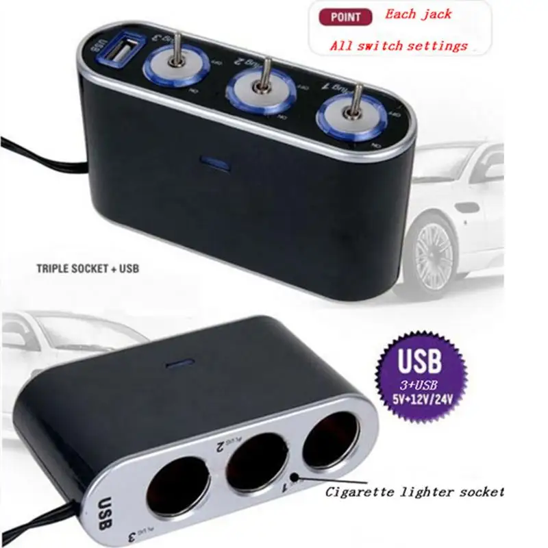 

Universal Car USB Port 3 Way Cigarette Lighter Charger Splitter Car Charger Power Adapter Outlet DC 12V + LED Light Switch