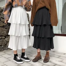 Женская мода гофрированная юбка новая весна Harajuku ретро теленок Длина торт юбка корейская мода элегантные многослойные плиссированные юбки