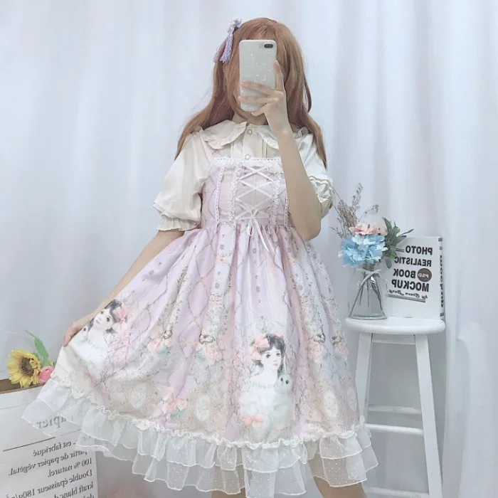 Платье в стиле Лолиты, японское платье JSK Kawaii, сказочное платье на бретелях, женское летнее платье, мягкое милое платье для девочек, милое