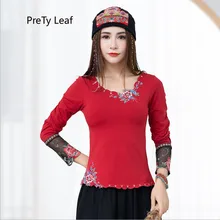 Осень Национальный Ветер Красный Вышитые Ретро с длинными рукавами тонкая женская футболка