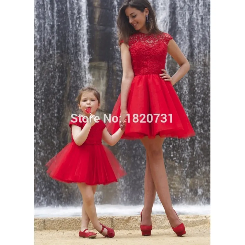 Cheap-Red-Short-Prom-Dresses-Backless-Lace-Cap-Sleeve-Daughter-Mother-Matching-Dress-For-Party-O (2)