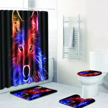 

4pcs/set wolf bear Printed Pattern Shower Curtain Pedestal Rug Lid Toilet Cover Mat Bath Mat Set Bathroom Curtains Bathtub Dec