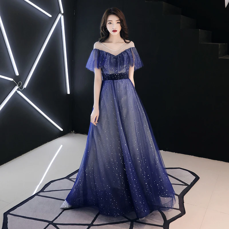 

wei yin 2019 Formal Dress Short Sleeve See Through Royal Blue Prom Evening Dresses Custom Size Plus Size Evening Dress WY1800