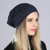 Geebro Women's Beanie Hat with Rhinestones Ladies Spring Plain Color Cotton Knitted Slouchy Beanies Bonnet Female Skull Beanie 1