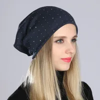Geebro Women's Beanie Hat with Rhinestones Ladies Spring Plain Color Cotton Knitted Slouchy Beanies Bonnet Female Skull Beanie 1