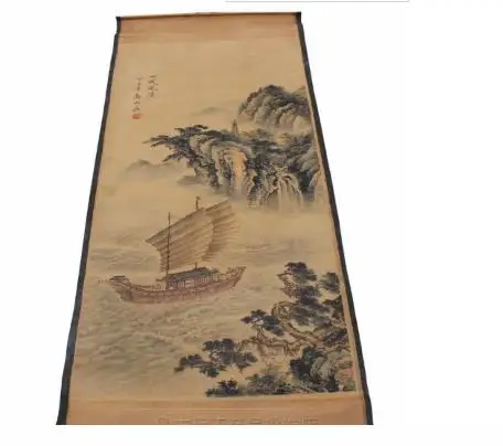 

Rare Hand-painted QingDyansty Vertical scroll reel antique calligraphy painting,Landscape painting smooth sailing, free shipping