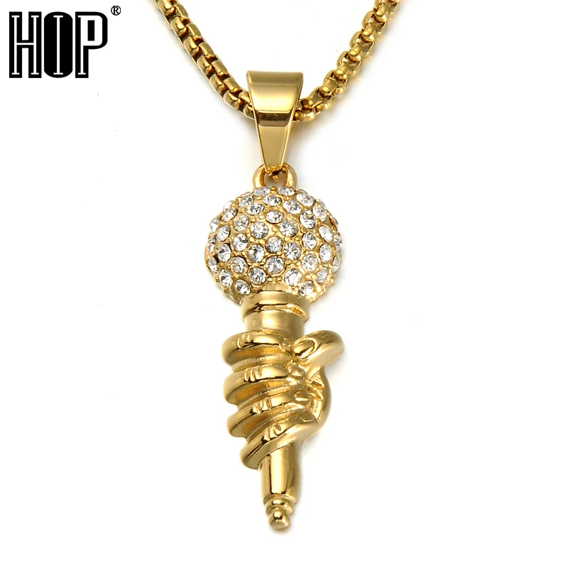 

Mens Hip Hop Jewelry Bling Iced Out Titanium Music Microphone Mike Pendant Necklace with 24inch Gold Color Stainless Steel Chain
