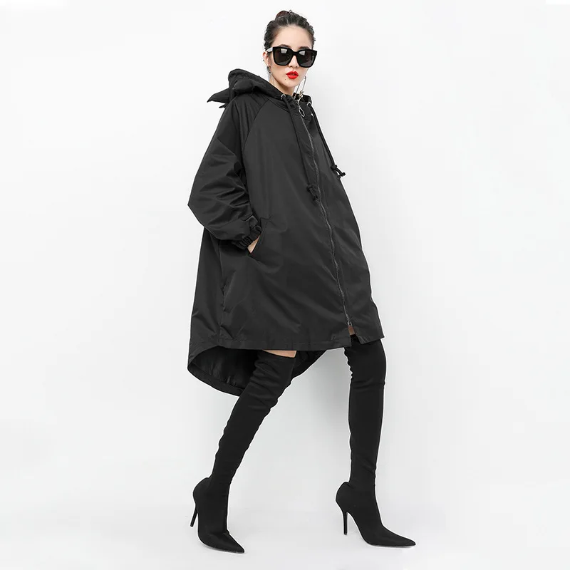 Manteau Tranchée Vert noir Capuche Lâche Cardigan Marque Coupe Hip vent Ourlet Noir vert Automne Asymétrique À Hop Marée 1072 qZWawzvBn8