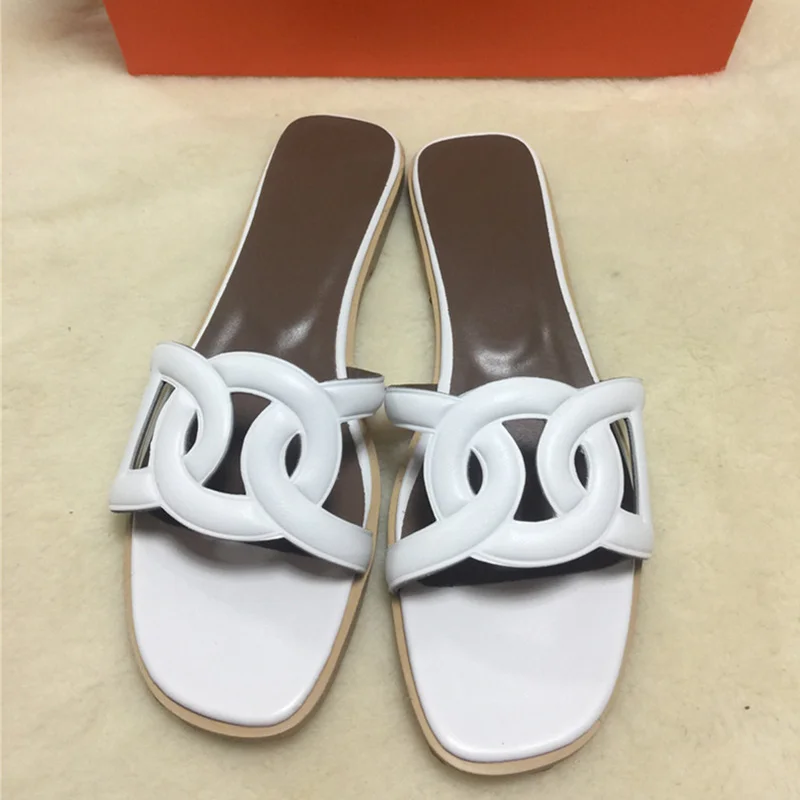 

2019 Leather Shoes Woman Hot Flats Women Summer Beach Star Runway Women Slides Hallow Out Woman Slipper Open Toe Sandales Femme