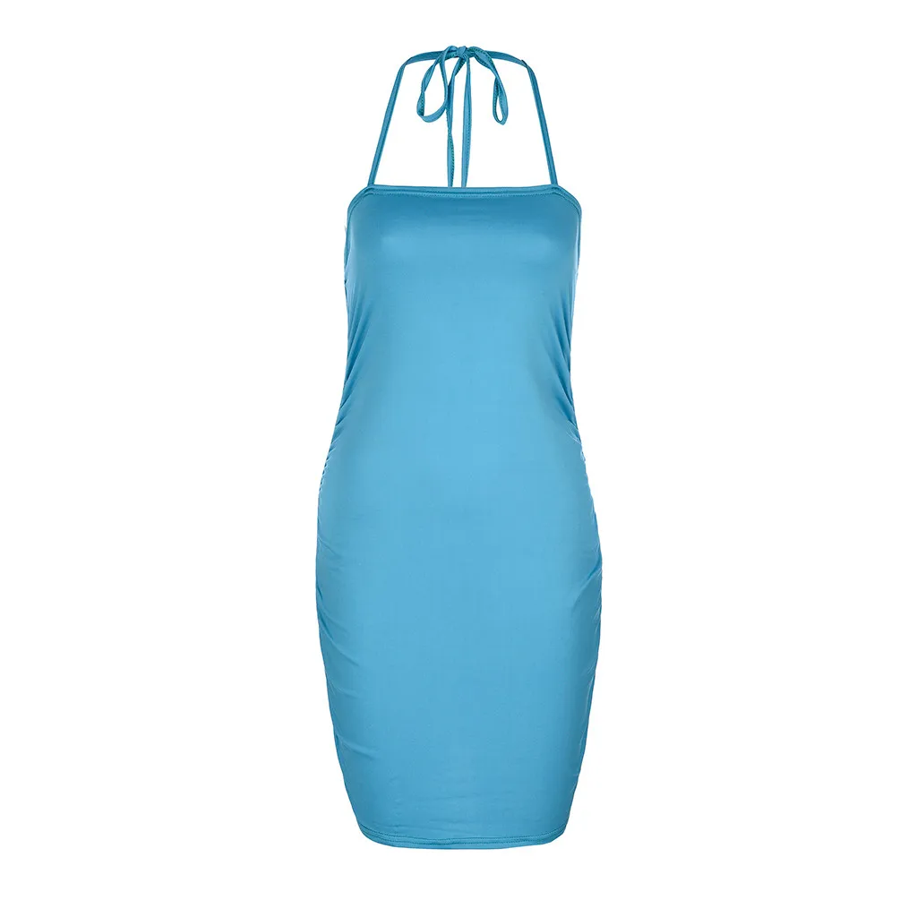 2019 Hot Sale Women s Ladies Solid Sleeveless Halter Casual Mini Dress Summer Dress high quality W408