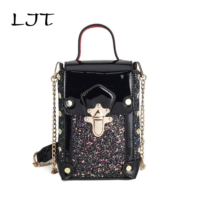 

LJT Sequined Fashion Handbags Mini Mobile Phone Bags for Women 2019 Brand New Vintage Rivet Chain Crossbody Small Bag Hand Bags