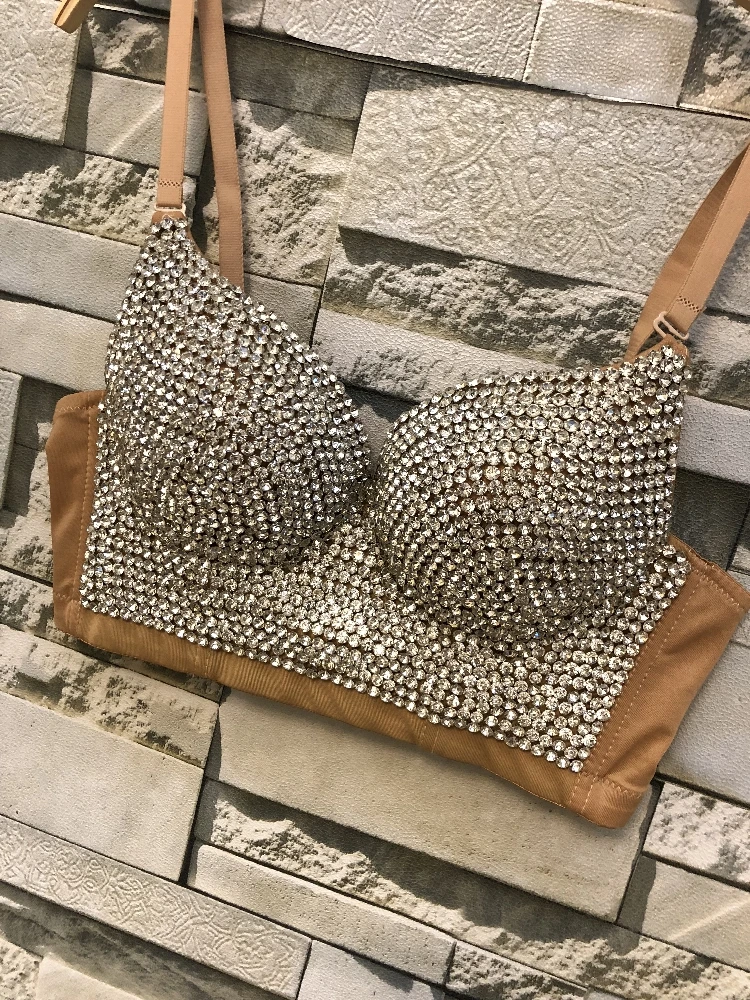 Women New Bright Night Sexy Rhinestone Gaga Bustier Pearls Push Up Night Club Bralette Bra Cropped Top Corset Plus Size C661