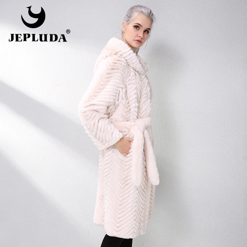 JEPLUDA Женская Шуба Натуральный Мех Женское Пальто Из Кролик Рекс Длинная Меховая