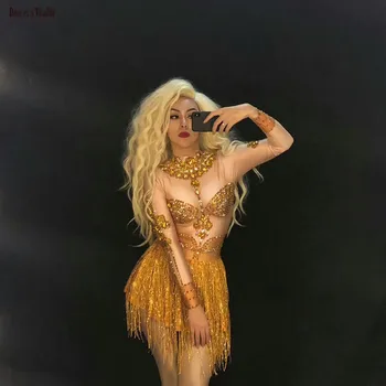 

Sparkly Crystals Gold Jumpsuit Stretch Tassel Outfit Celebrate Bright Rhinestones Bodysuit Costume Female Singer Birthday Dress