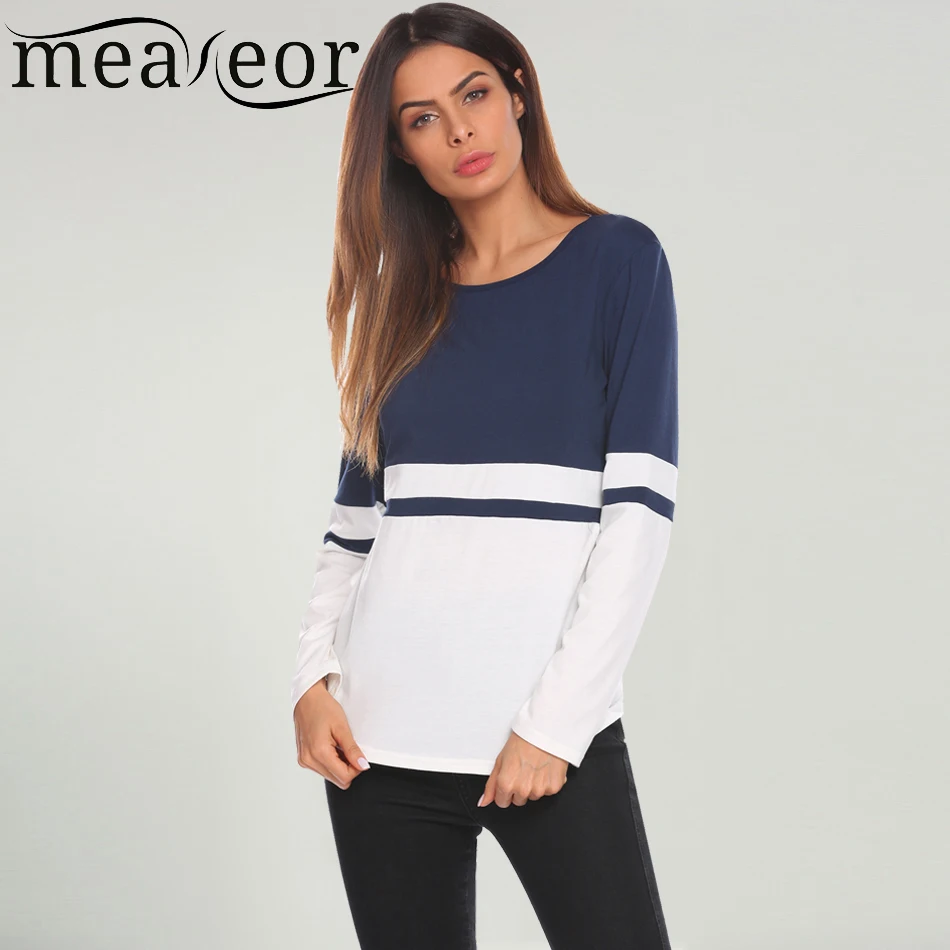 

Meaneor Women Casual Round Neck Long Sleeve T-shirt Loose Baseball Patchwork 2018 Spring New Contrast Color Ladies T Shirt Tops