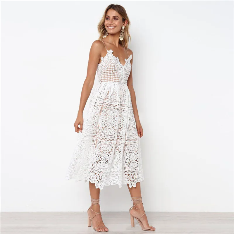 

EIJOQAN New Casual Summer V-Neck Self-cultivation sexy hollow lace temperament suspended dress woman A227