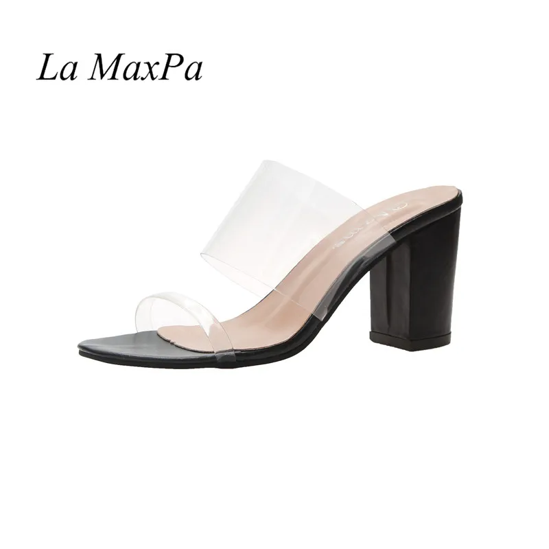 

Summer Transparent High Heel Hollow Open Toe Clear Fish Mouth Thick Heels PVC Peep Toe Ladies Slippers Open Toe Flip Flops Shoe