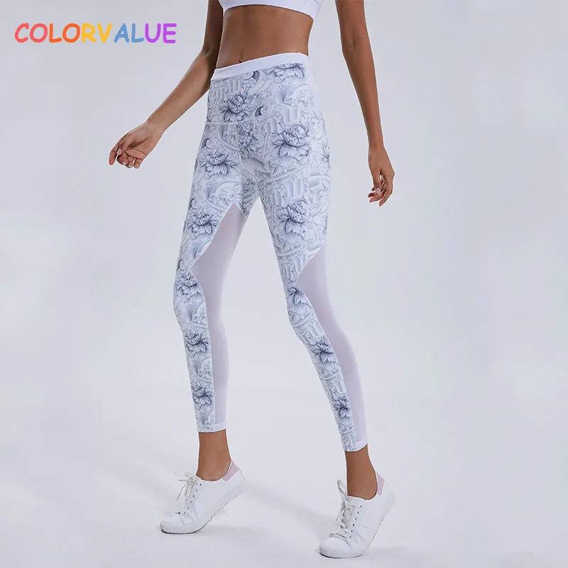 

Colorvalue New Ink Printed High Waist Sport Gym Leggings Women Mesh Patchwork Fitness Yoga Pants Quick Dry Athletic Tights XS-XL