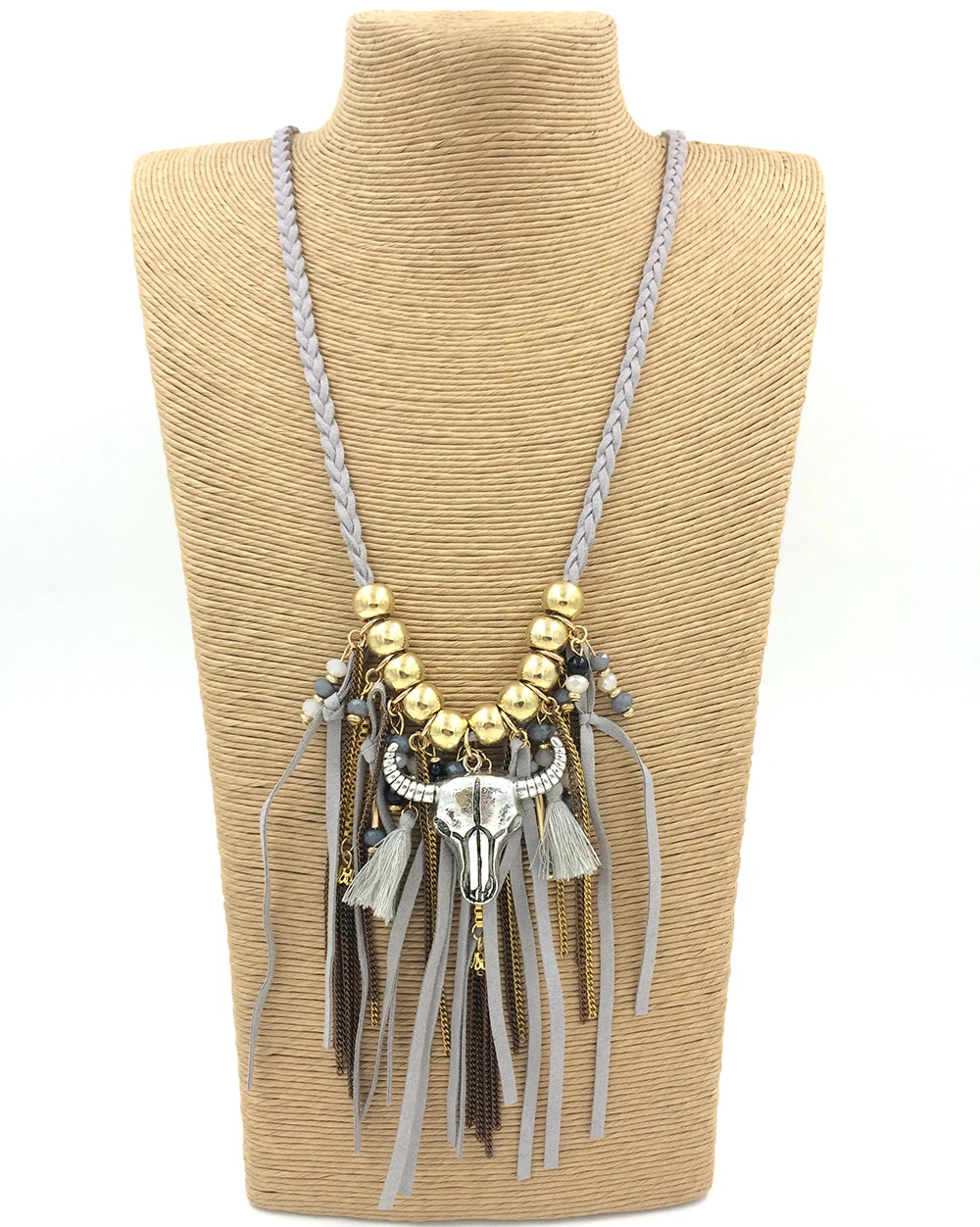 2017 New personalized handmade jewelry supplier leather tassel pendents unique boho Bohemia Taurus pendant long Necklaces