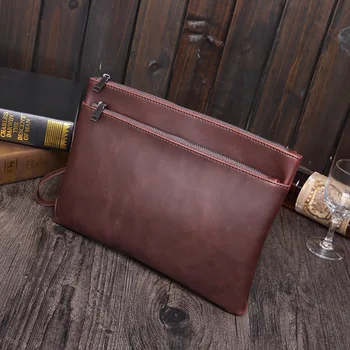 

Brands Men Crazy Horse PU Leather Double Zipper Clutch Bag Envelope Bag Business File Briefcase Casual Wristlet Ipad Hand Bag