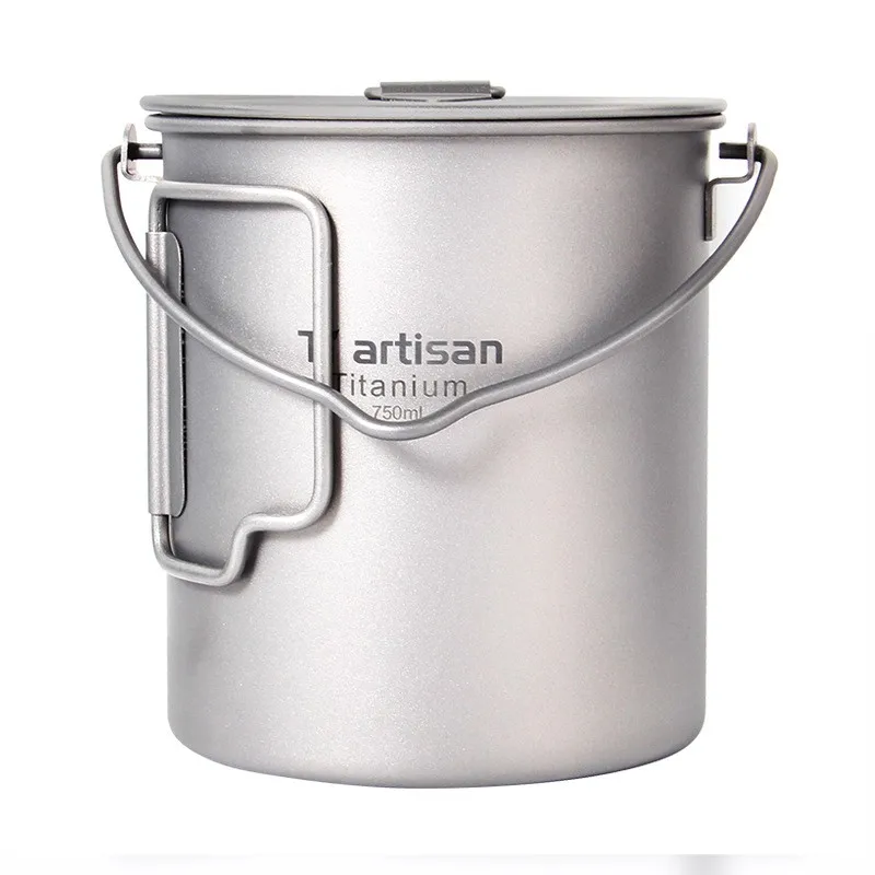 Outdoor pure titanium 750ml hanging pot folding handle travel camping cooking pot lunch box water cup with lid handle and hookup