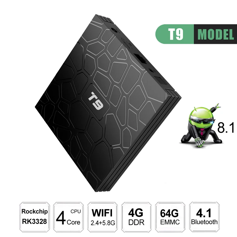

T9 Android 8.1 TV Box 4GB 64GB Smart Mini PC with LED Display RK3328 Quad Core Dual Band Wifi 2.4G/5.8Ghz 3D Bluetooth Boxes