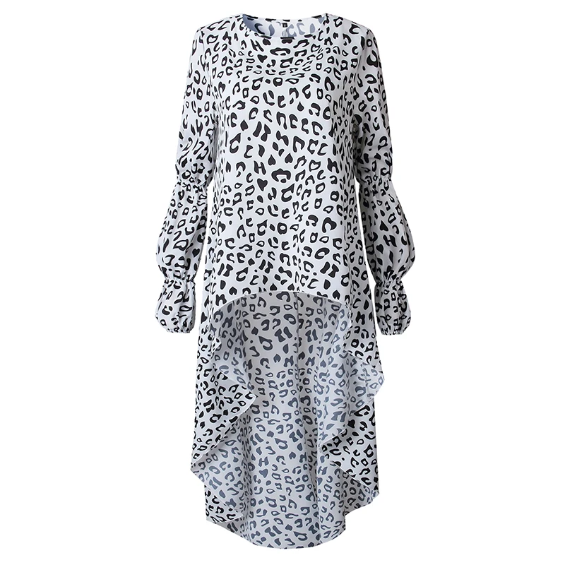 Women's Sexy Leopard Printing Dress 2019 Autumn Long Sleeve O-Neck Irregular Dresses Lantern Sleeve Female Casual Dress Vestidos