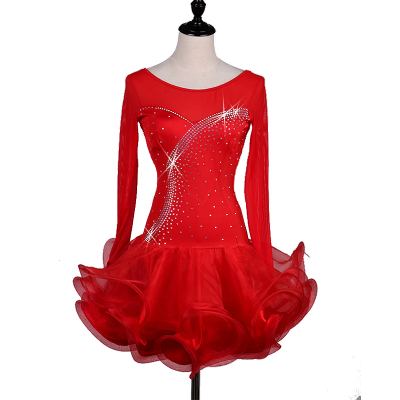 Vestidos de baile latino de Salsa para mujer, Vestidos Rojos de manga larga con diamantes, vestido de competición de baile de salón latino, estándar de baile|salsa dance dresses|dance competition dressesladies latin